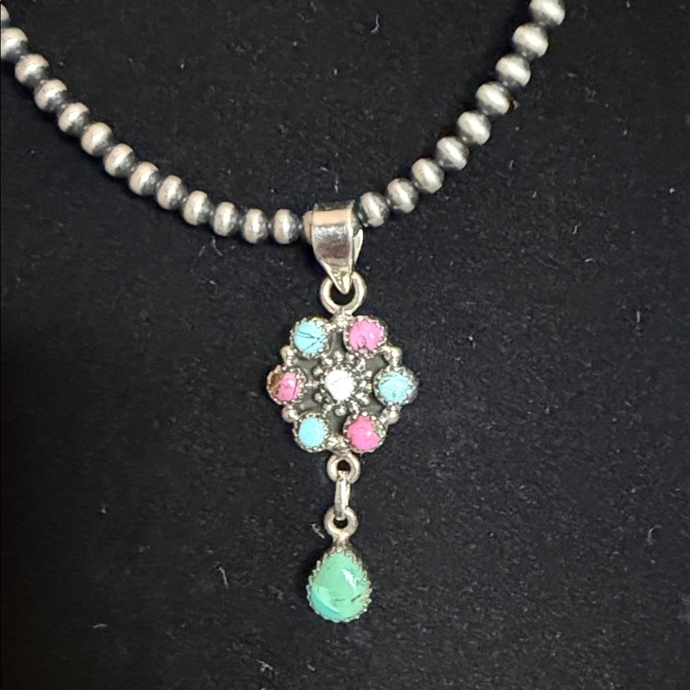 Cotton Candy Dahlia Sterling  Silver Pendant with Lone Mountain Turquoise